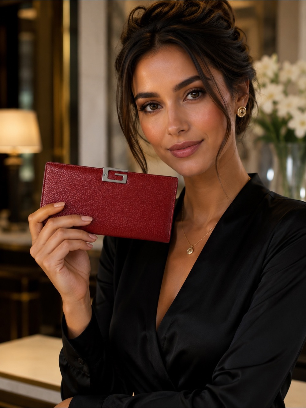 Gucci red leather wallet w square silver G clasp